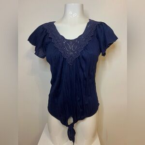 Women’s Navy Blue Short Sleeve Blouse w/ Waist Tie by New Directions Size Small